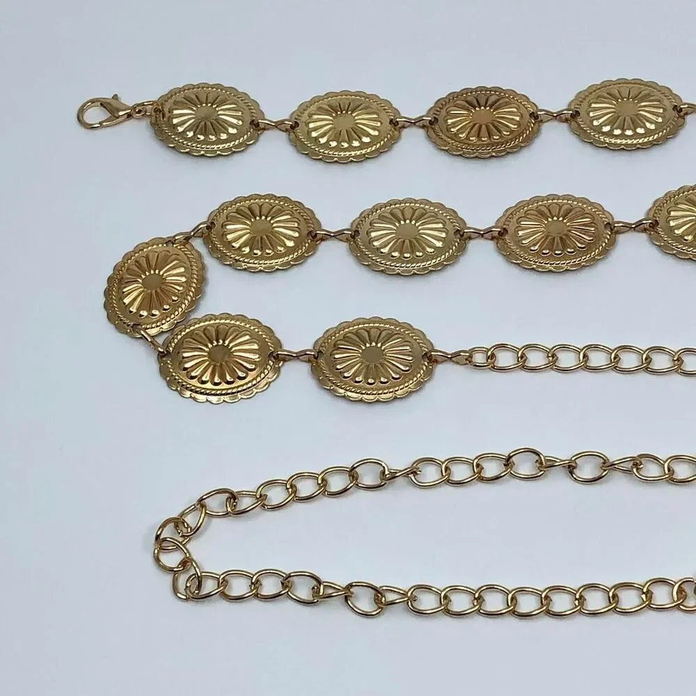 Vintage Y2K Boho Gold Medallion Chain Belt, Fits 23.5–43 Inches, X7GA1187